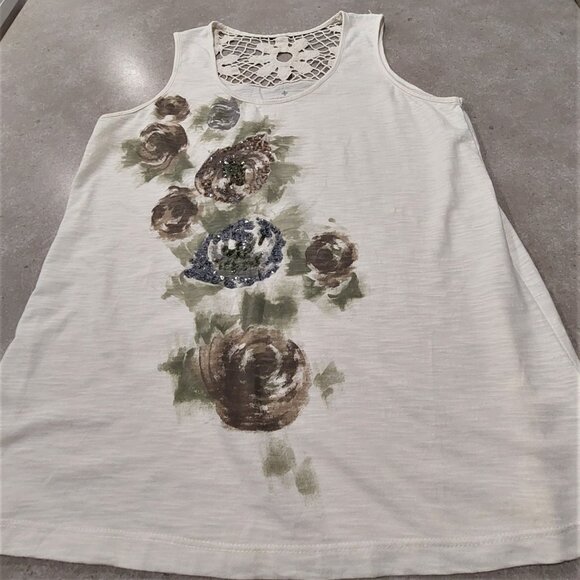 DENVER HAYES Women's Floral/Sequins Crochet Back Yoke Sleeveless Top - Sze Large - Picture 7 of 7